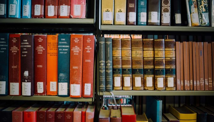 library shelves full of old leather-bound books